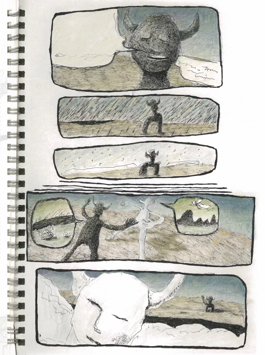 スケッチブックに、角のある人物と風景をコマで描いた作品