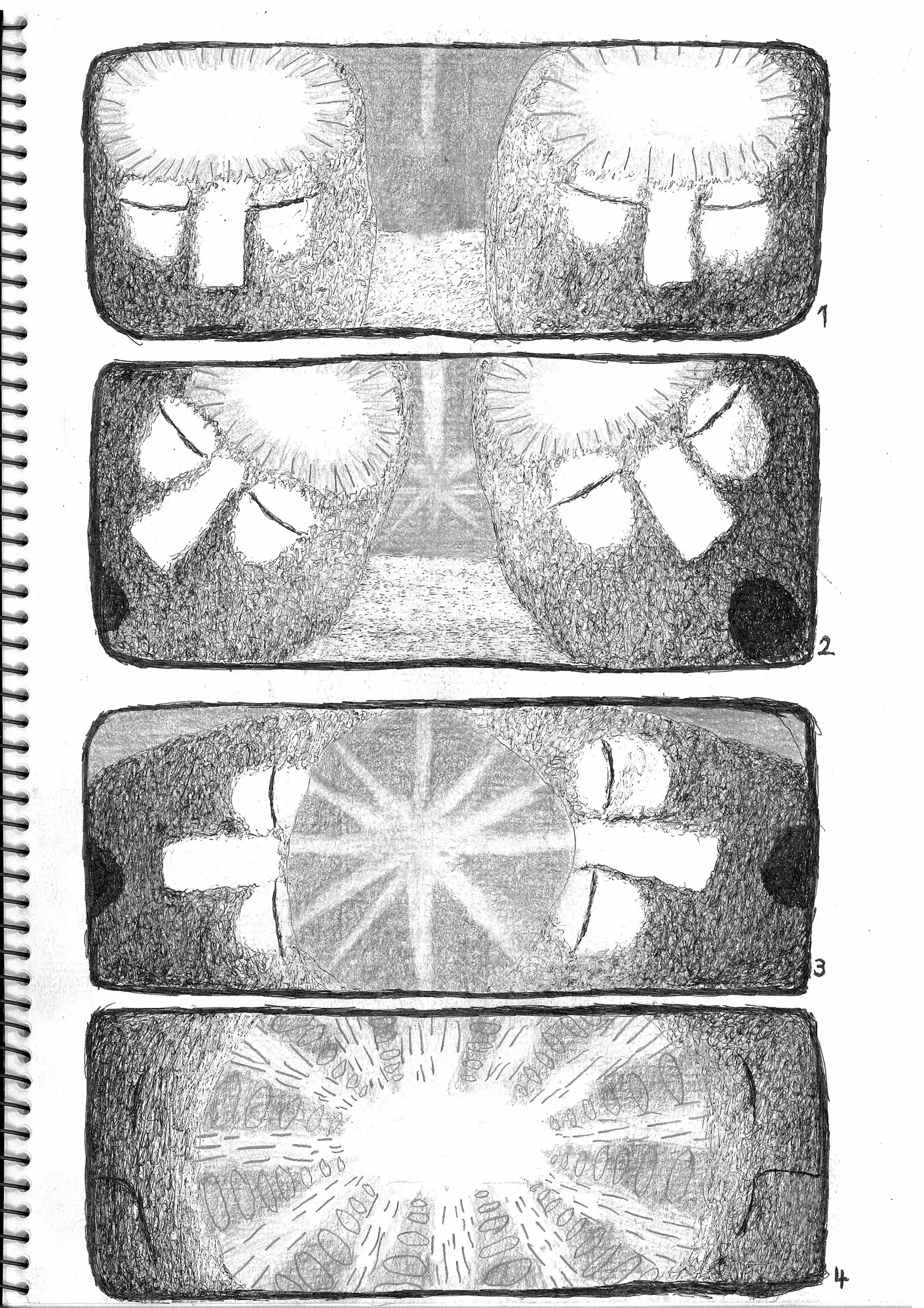 スケッチブックに、二人の人物と光をコマで描いた作品