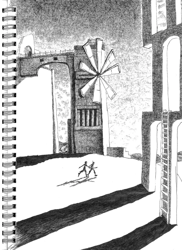 スケッチブックに、建物や風車のような形、二人の人物を描いた線描作品